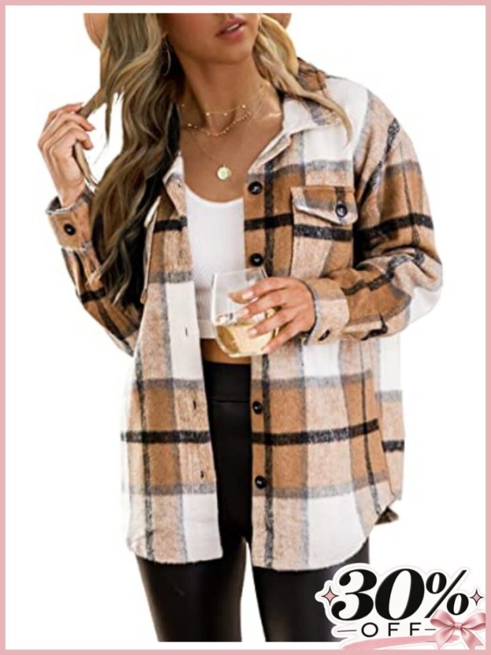 Flannel Plaid Button Down Shacket Collared Relaxed Fit Women's